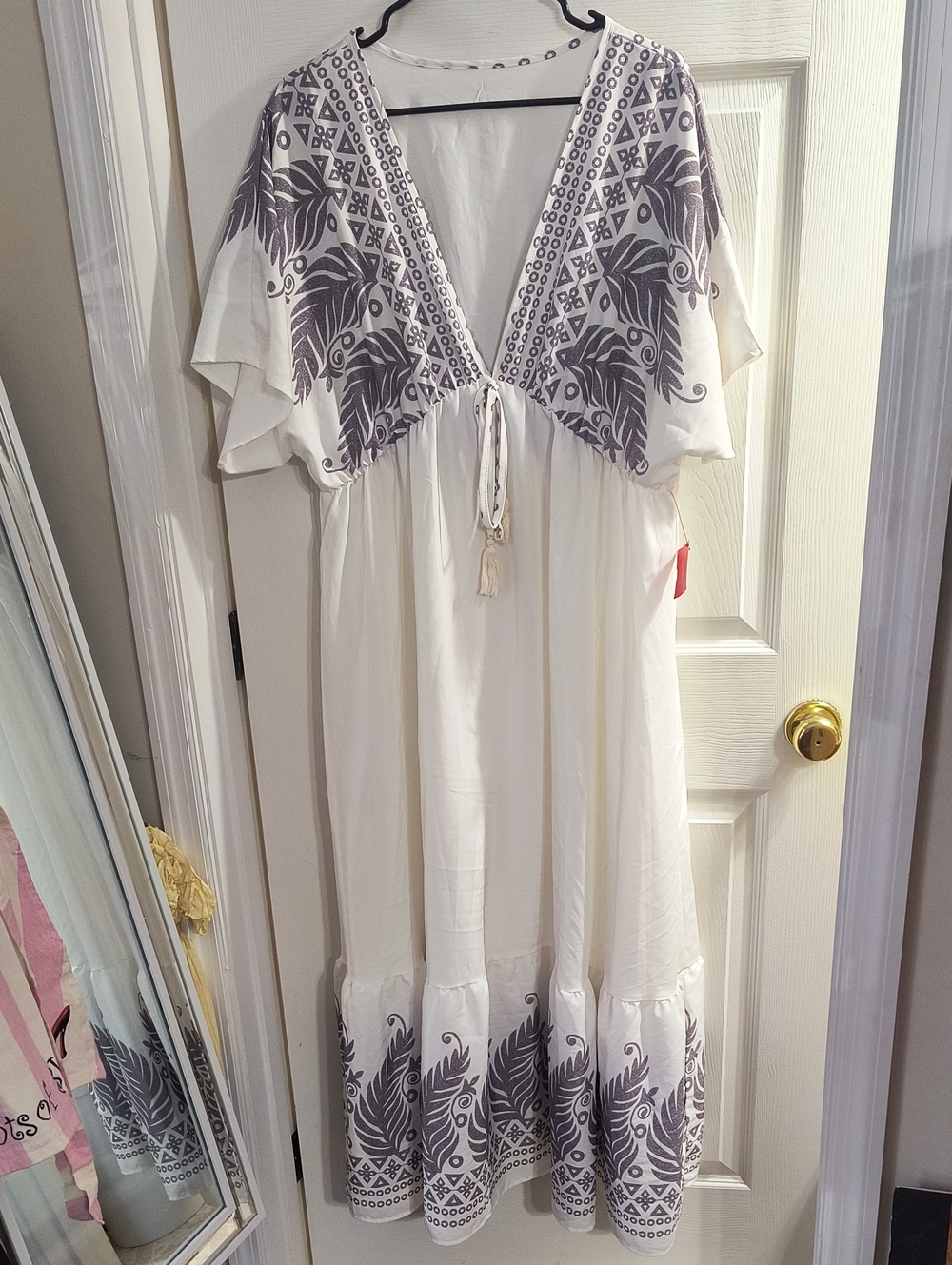 Boho White Maxi Dress with Gray Print